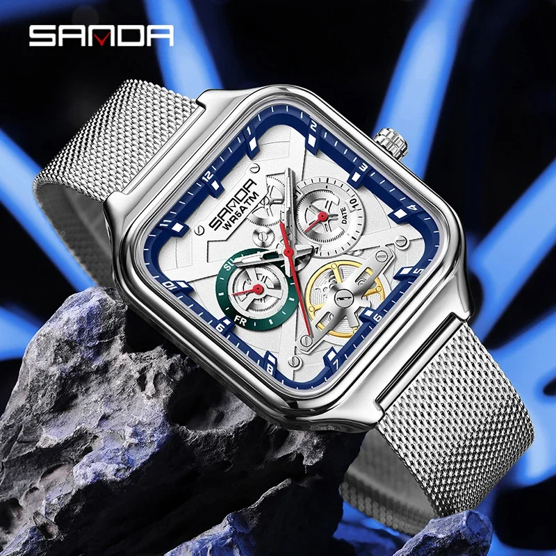 SANDA Business Leisure Men's Quartz Square Watches Metal Mesh Belt Luminous 5ATM Waterproof Calendar Week Multifunction Watch