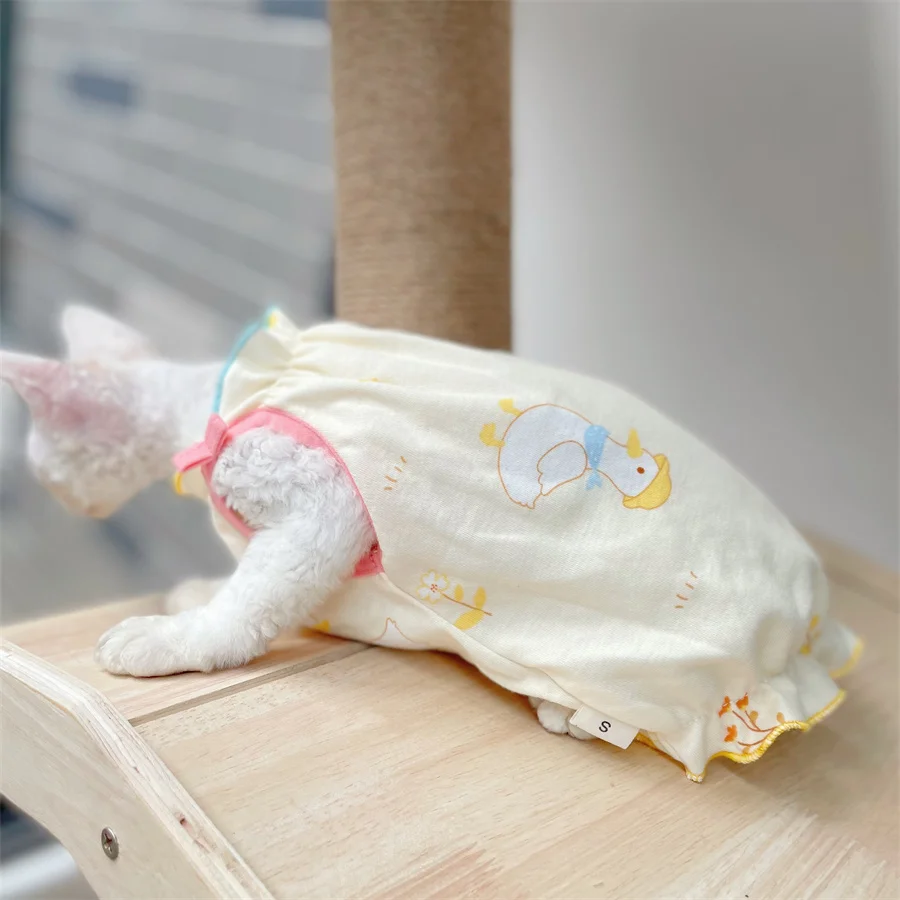 Sweet Cotton Lace Dress for Sphynx Cat Summer Cute Duck Vest for Female Kittens Soft Beige pajamas for Devon Rex T-Shirt for Cat