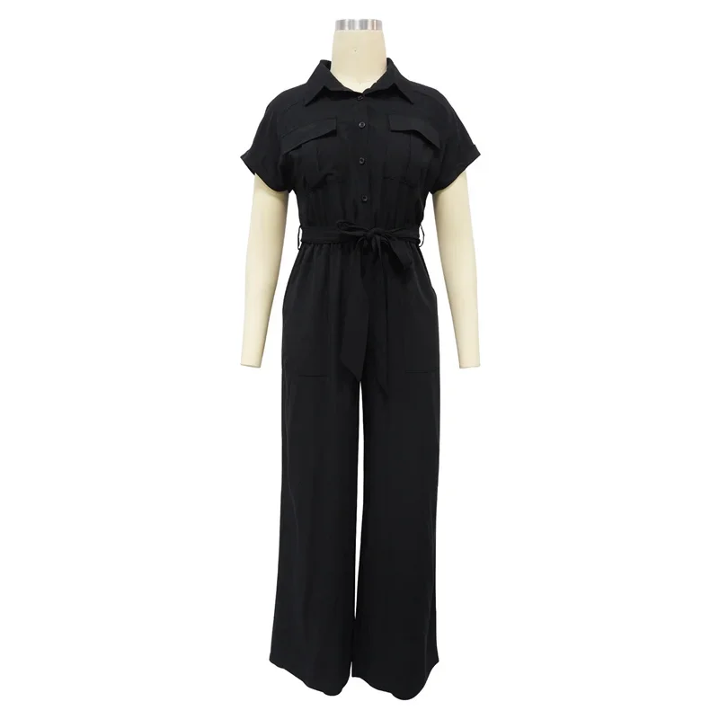 Women Solid Casual Linen Jumpsuit Elegant Pockets Turn Down Collar Short Sleeve Single Breasted Sash Wide Leg Pants Overalls