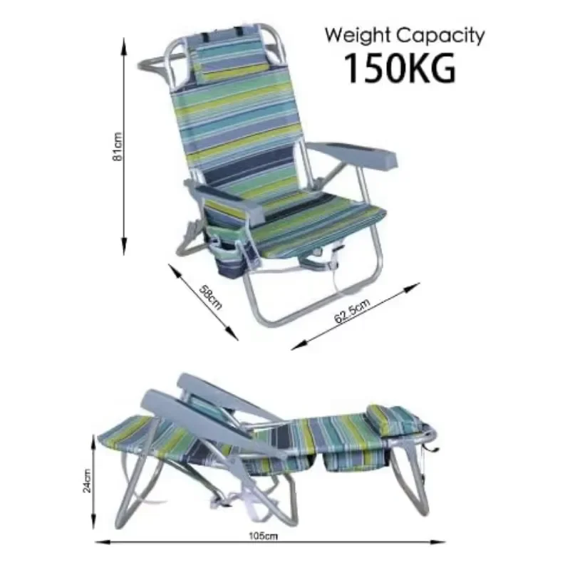 Portable Folding Beach Chair Adjustable Backrest Striped Pattern Outdoor Camping Seat with Cup Holder Storage Bag Heavy Duty