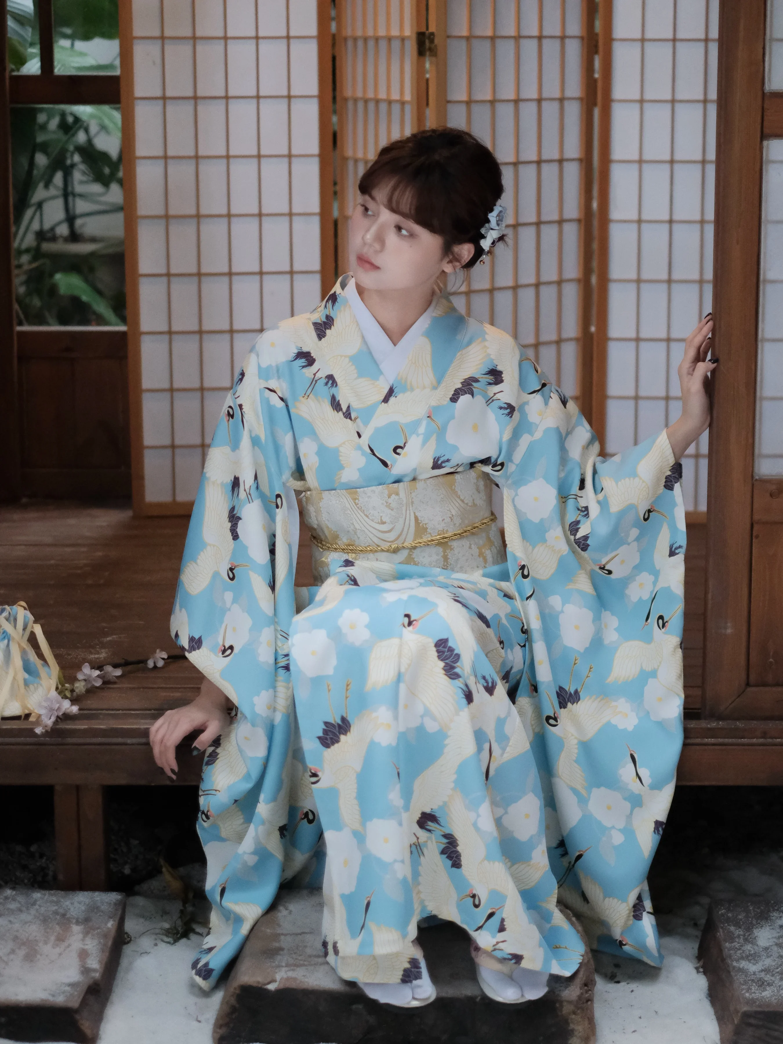 Femmes Japonais Traditionnel Furisode Kimono Bleu Couleur Grue Imprime Yukata Robe Cosplay Costume Photographie Robe