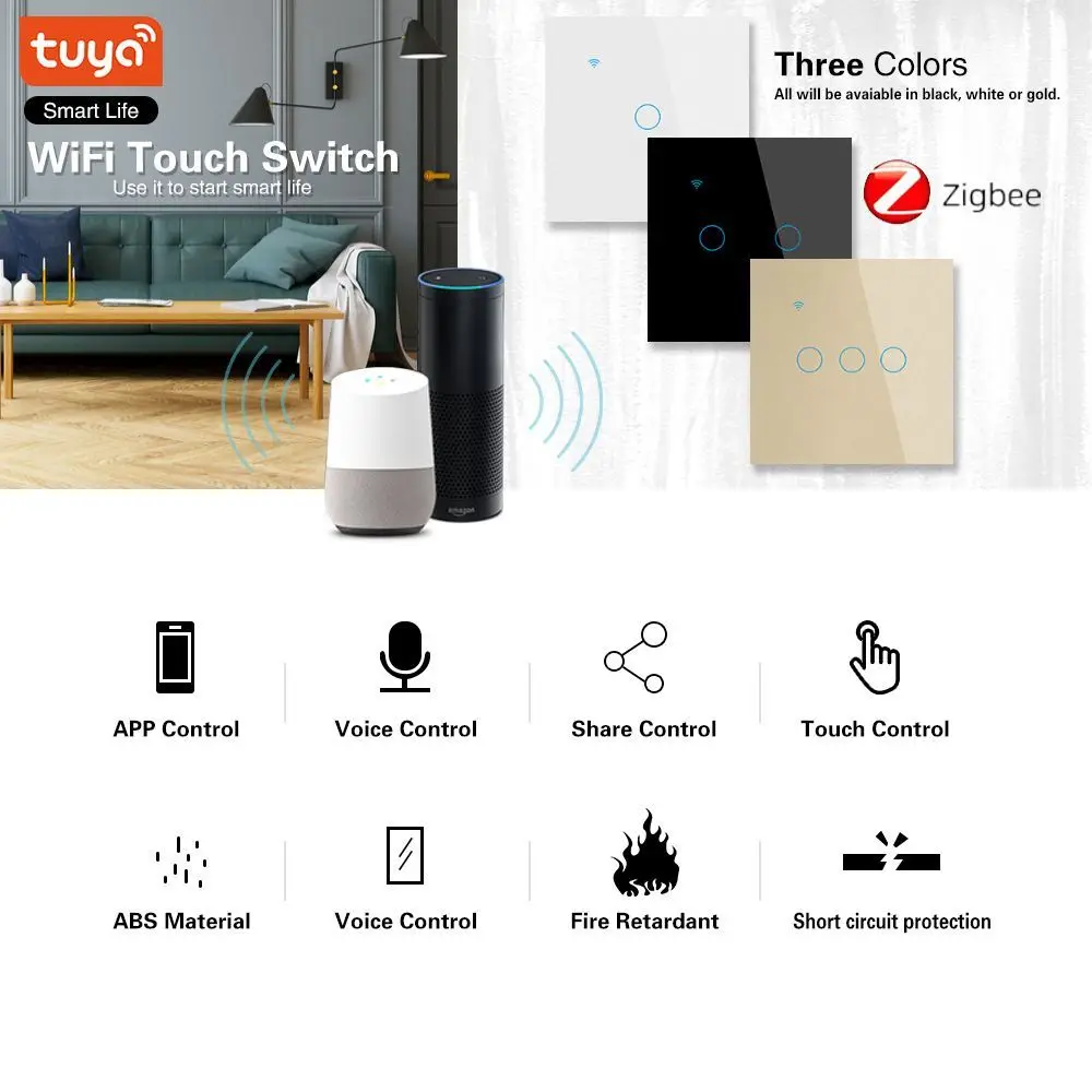 Zigbee Tuya Smart Switch No Neutral Wire APP Remote Control Timing Function Tempered Glass Panel Smart Voice Google Home