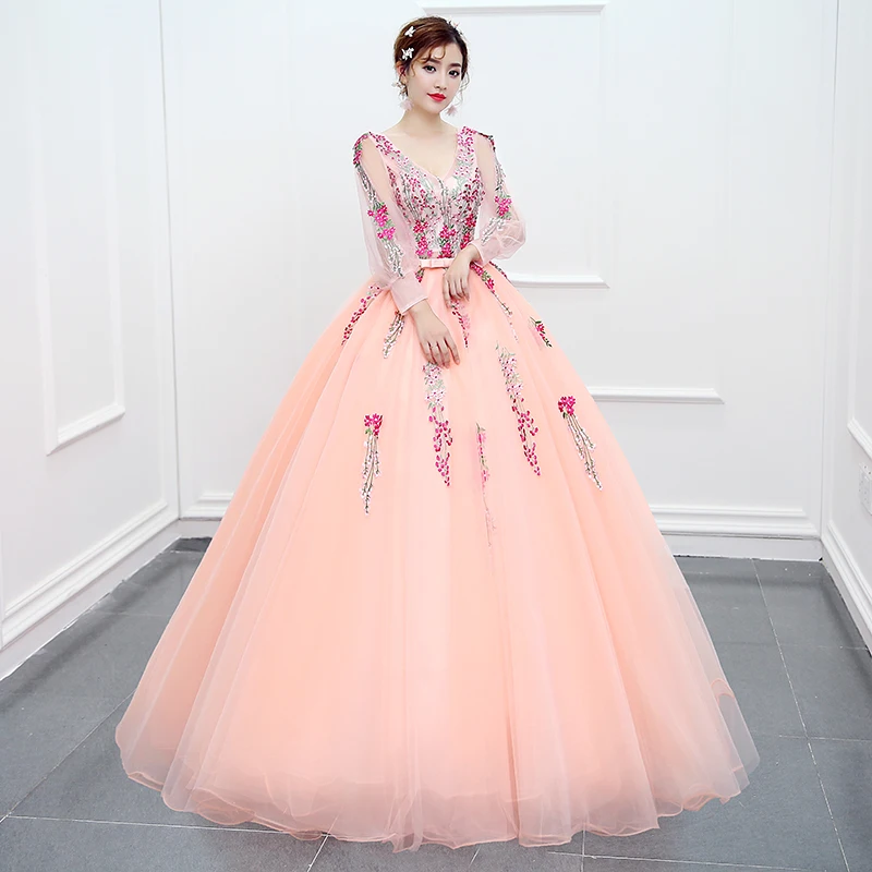 

Pink Chic And Elegant Woman Dress Classic V-neck Sweet Quinceanera Dress Lace Flower Floor-length Long Sleeves Princess Dress