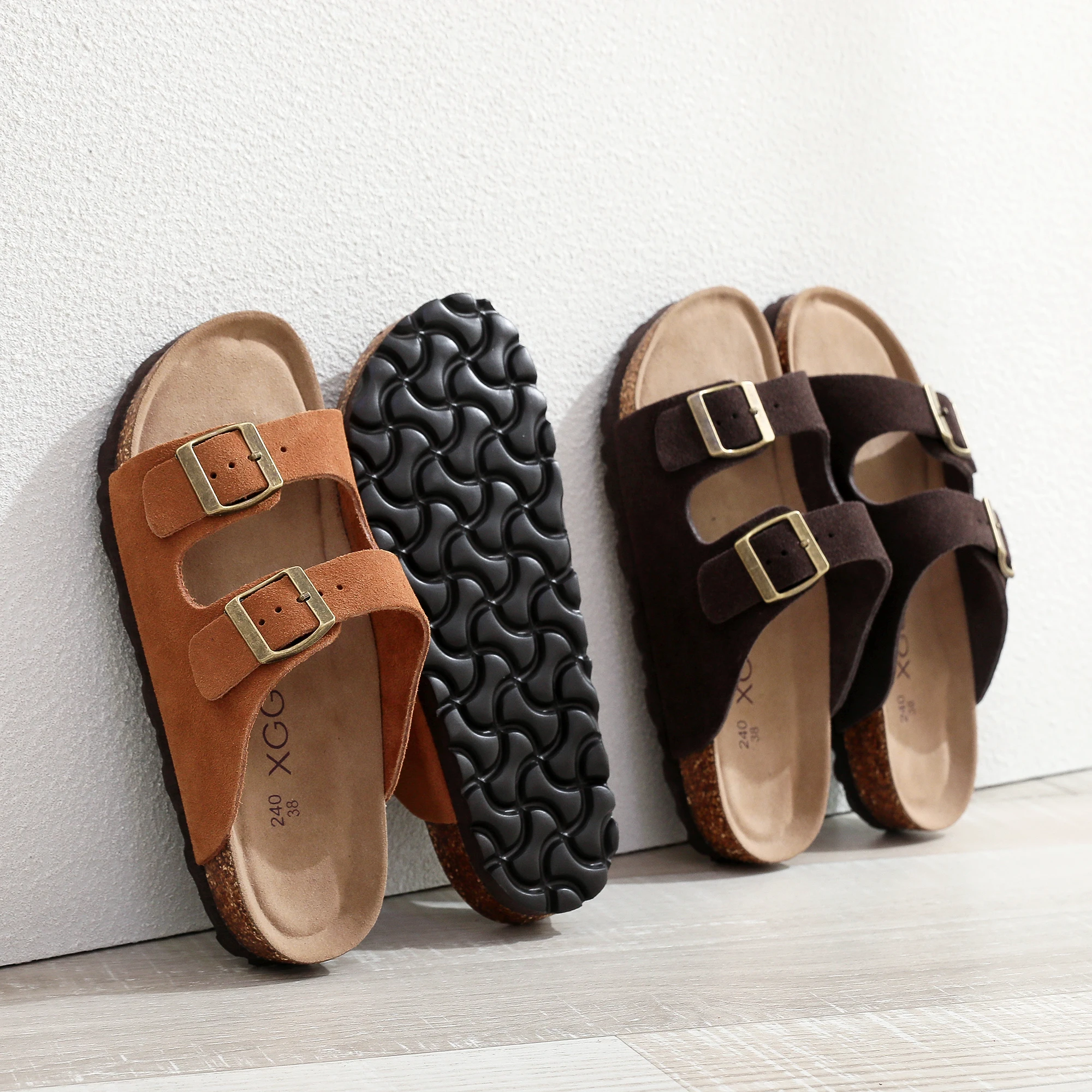 

Birken Genuine Leather Women's Flat Slide Sandals - 2 Strap Design, Arch Support, Non-Slip, Cork Footbed, Slip-On Style