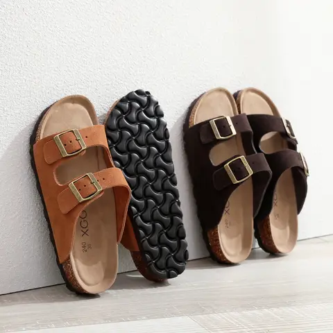 Birken Genuine Leather Women's Flat Slide Sandals - 2 Strap Design, Arch Support, Non-Slip, Cork Footbed, Slip-On Style