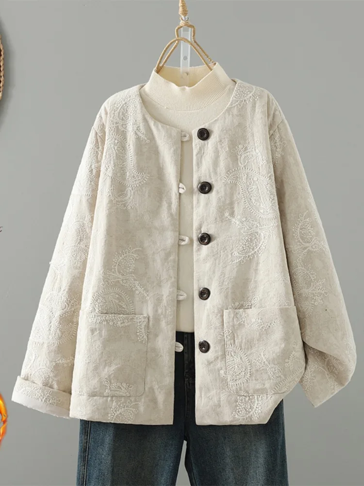 

Высококачественный хлопково-льняной тюжет с вышивкой, женский зимний свободный тонкий хлопковый теплый хлопковый костюм небольшого размера, хлопковое пальто