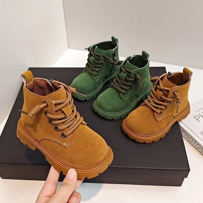

Children's Fashion Suede Booties - Brown/Green Colors, Lace - Up Design, Stylish Ankle Boots Autumn Shoe for Girl Kids Size21-32