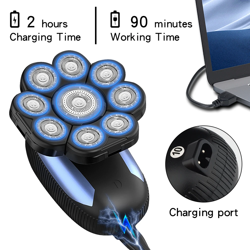 2022 Men's Electric Shaver 6 In 1 Floating 9 Heads Usb Rechargeable Waterproof Razor Nose Hair Trimmer Bald Head Shaver Machine