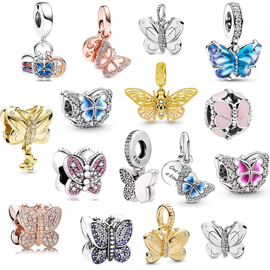 NEW Two-Tone Rainbow Heart & Murano Glass Butterfly Dangle Charm Bead Fit Original European 925 Sterling Silver Bracelet Jewelry