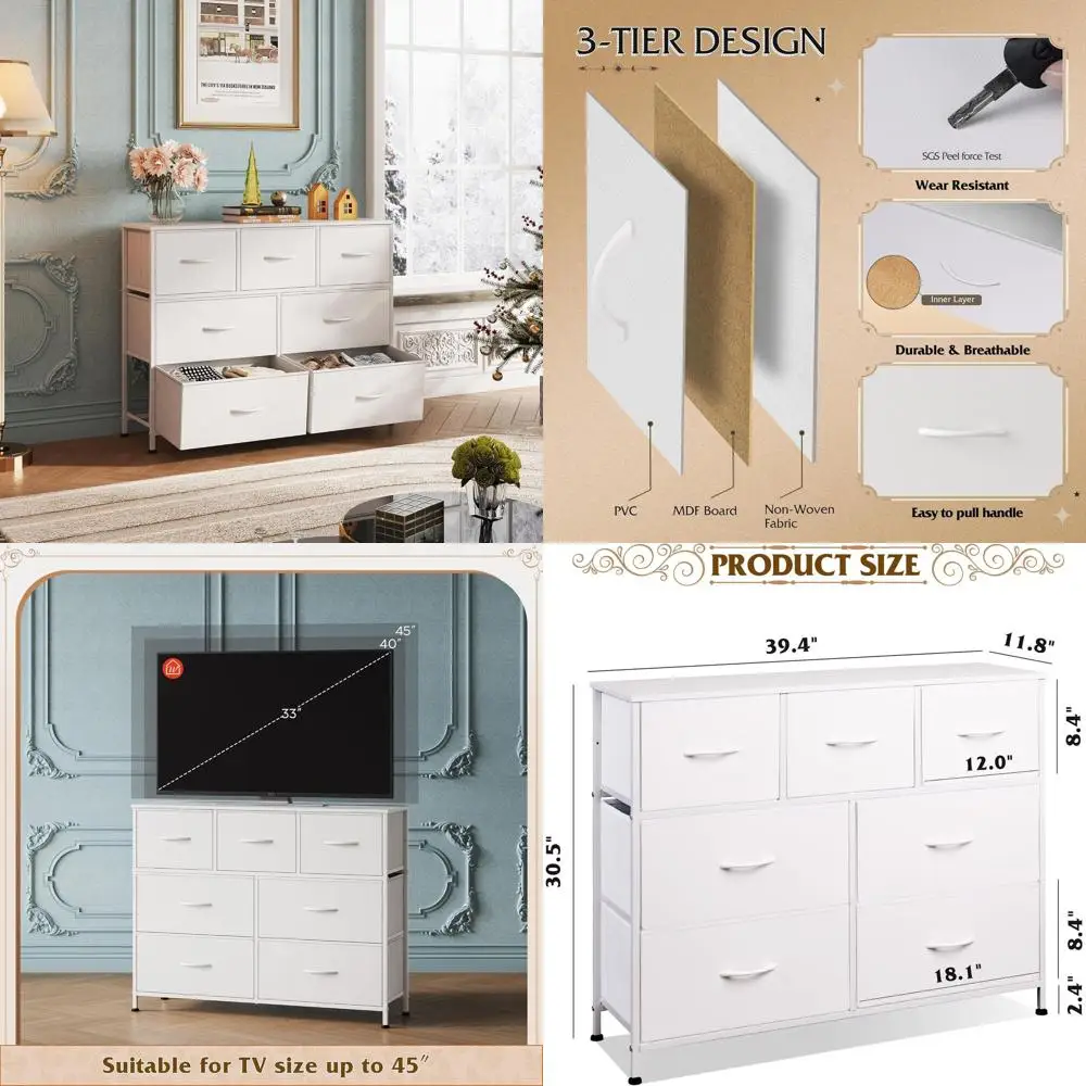 

White 7-Drawer Dresser TV Stand with Fabric Storage, Ideal for Bedrooms, Hallways, and Closets, Sturdy Steel Frame, Wood Top, Ea