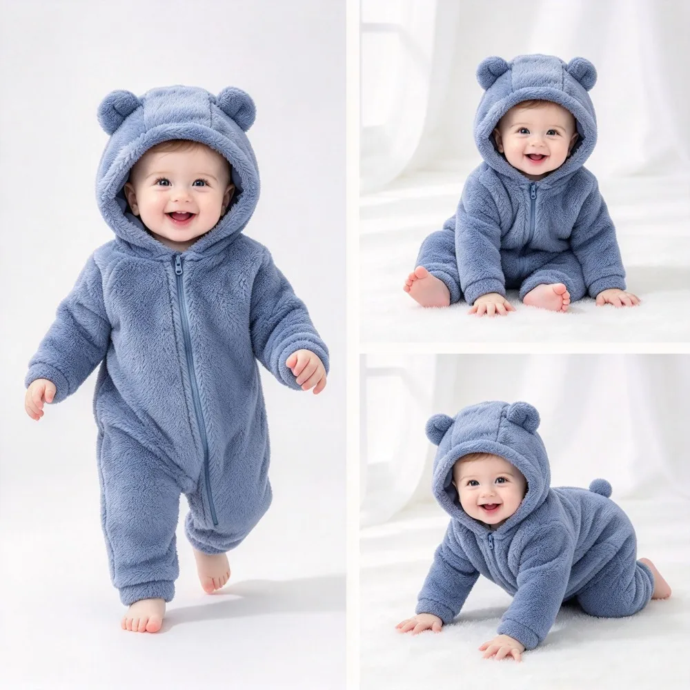 Newborn Infant Zipper Jumpsuit Cute Bear Ear Hood Baby Romper Soft Warm Flannel Fleece Long Sleeve Baby Onesie Winter Costume
