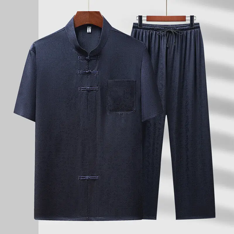 

Male printing Chinese style short sleeves shirts trouser 100% Cotton Silk fabric Sportswear Men's Casual Sets Shirts + Pants