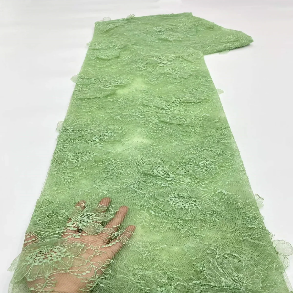 Dusty Sage Green 3D Floral Lace Fabric Handmade Flower Embroidery Tulle Mesh For Wedding Dress Bridal Gown Evening Prom Dress view 3