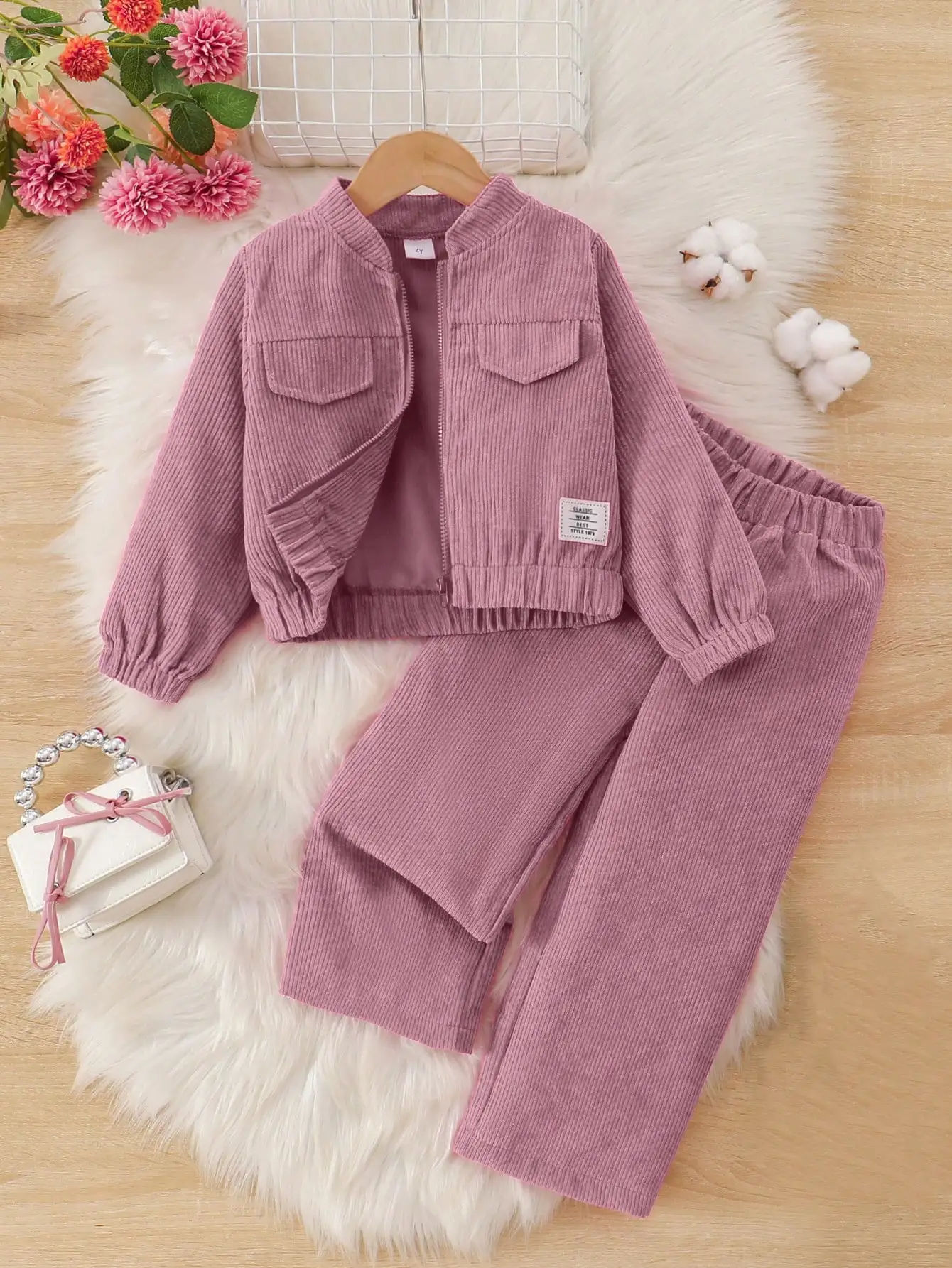 2pcs/Set Girls Casual Solid Color Soft Comfortable Corduroy Fabric Long Sleeve Jacket And Pants Set, Suitable For Outdoor Wear In Autumn/Winter