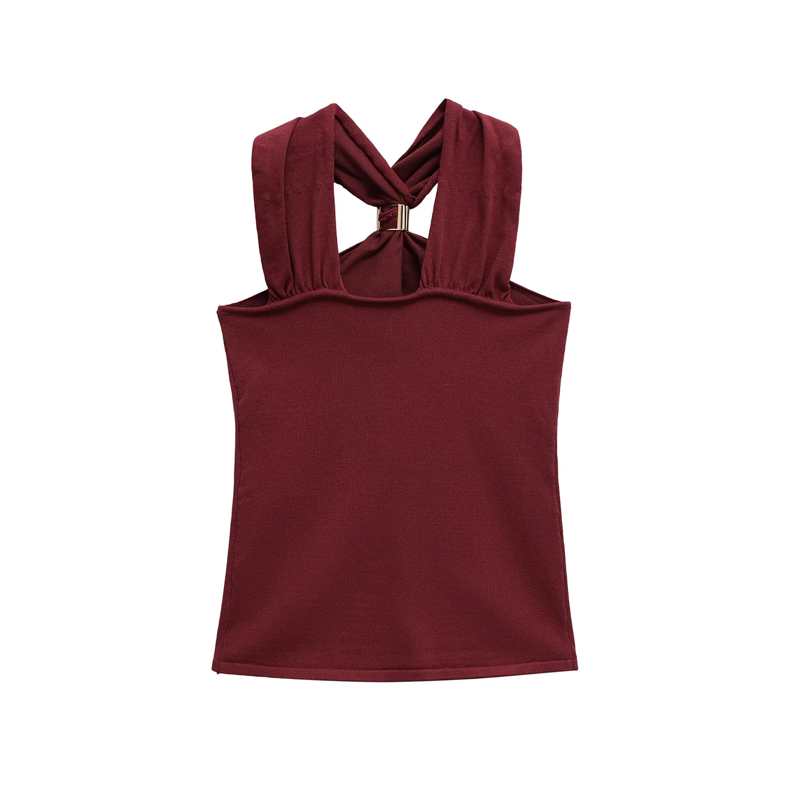 Women's Solid Color Ribbed Knit Halter Tank Top Metal Buckle Embellished Stylish Casual Sleeveless Top For Summer & Daily Wear