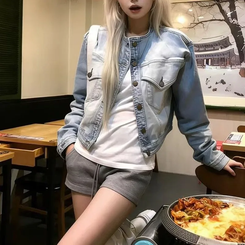 American Retro Washed Vintage Short Denim Jacket Women's Loose Collarless Casual Jean Coats High Waisted Single Breasted Outwear