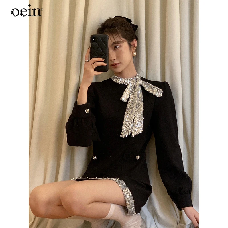 [oein] French Spring New Style Elegance Hepburn Little Fragrance Dress Sequin Bow Short Skirt Small Man