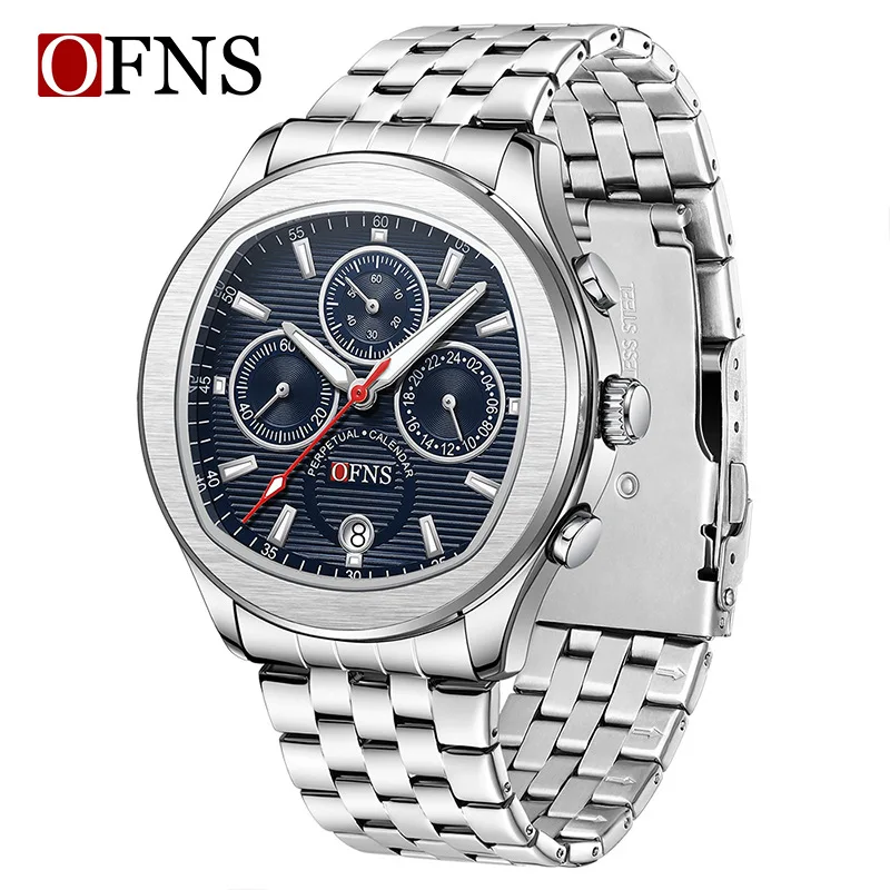 

Мужские часы с шестью стрелками, кварцевый хронограф, календарь, водонепроницаемые, стальной браслет, для бизнеса, мужские часы с функцией хронометража.