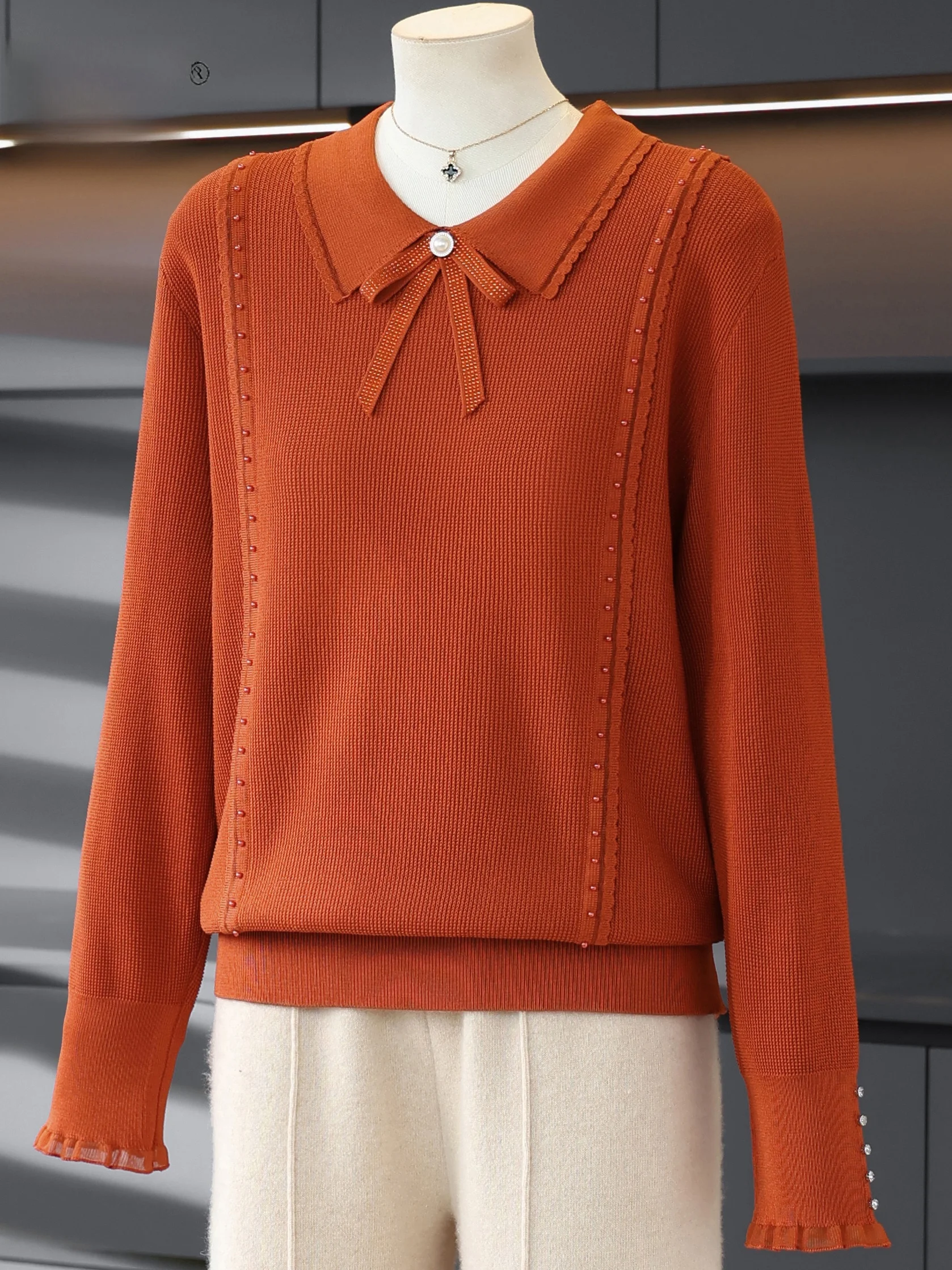 

Spring Autumn Loose Knitted Turn-down Collar Ice Silk Slimming Mom Clothes Faionable Overhead Top for Middle-aged And ...