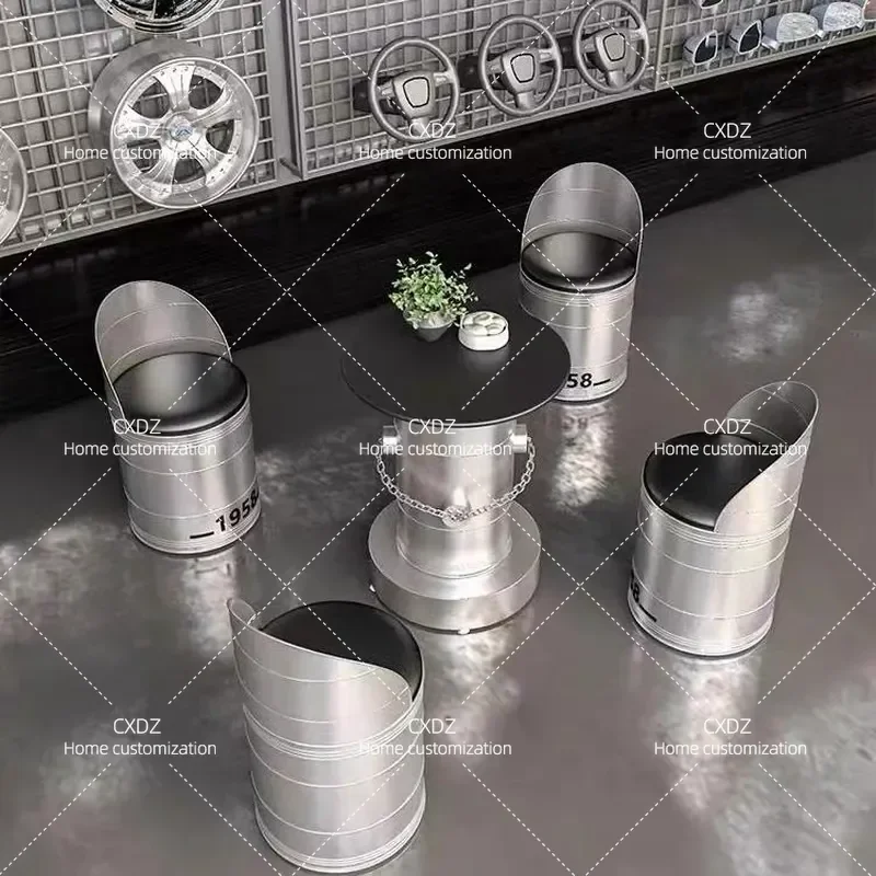 Retro Industrial Oil Drum Table and Chair Set Small Round Iron Storage Stool Leisure Bar Table Combination for Hair Salon