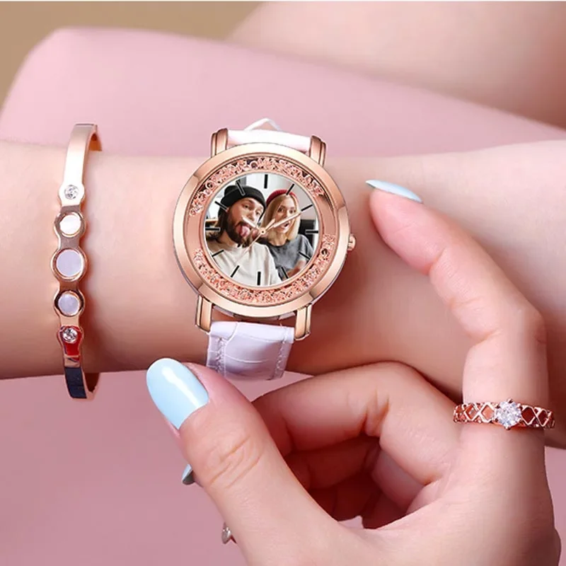 A3320w personalisierte Uhr Damenarmbanduhren setzen Ihr eigenes Foto Luxusuhren mit Strass gefälschtem Diamant-Damen-Geburtstagsgeschenk