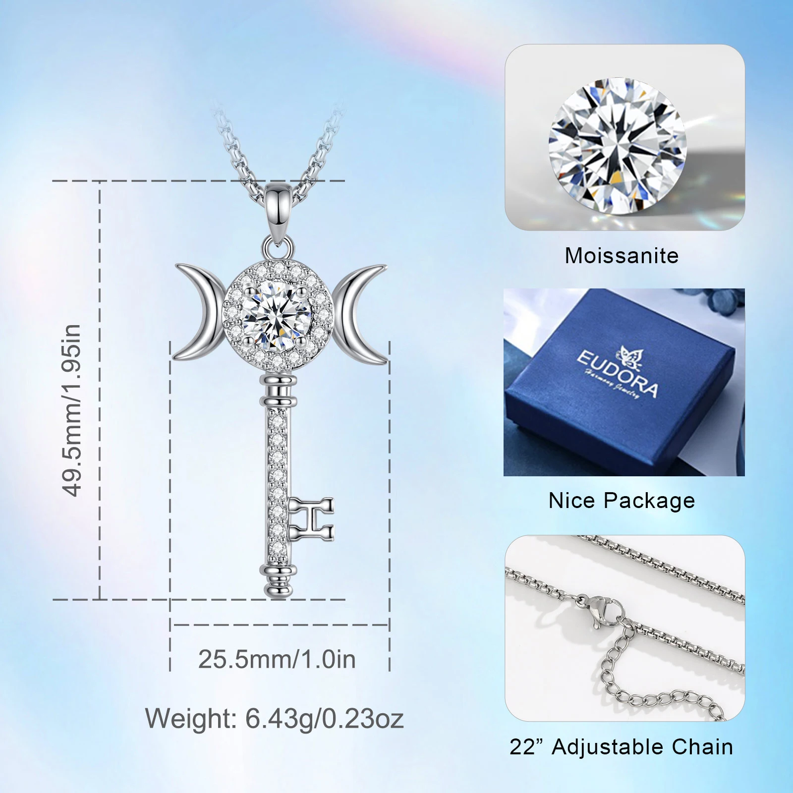 Eudora 2CT Moissanite Hecate Key Necklace Triple Moon Goddess Snake Necklace Wiccan Pagan jewelry Gift for Women Men