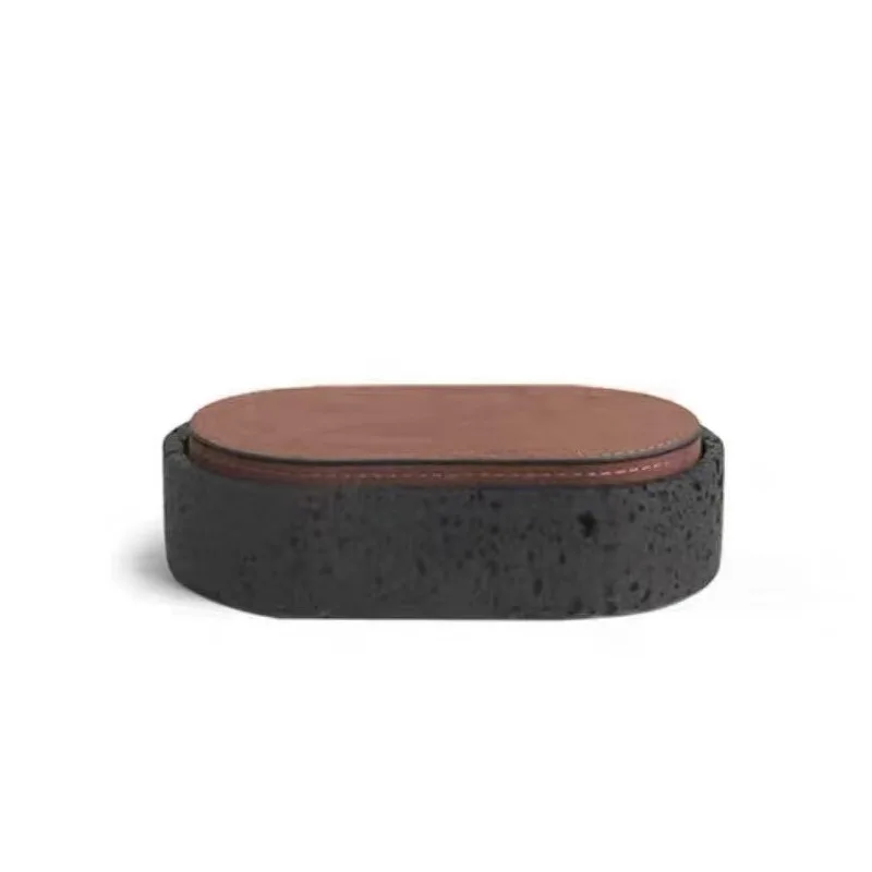 Portagioie in travertino giallo con foro grigio argento, scatola portaoggetti per vento wabi-sabi