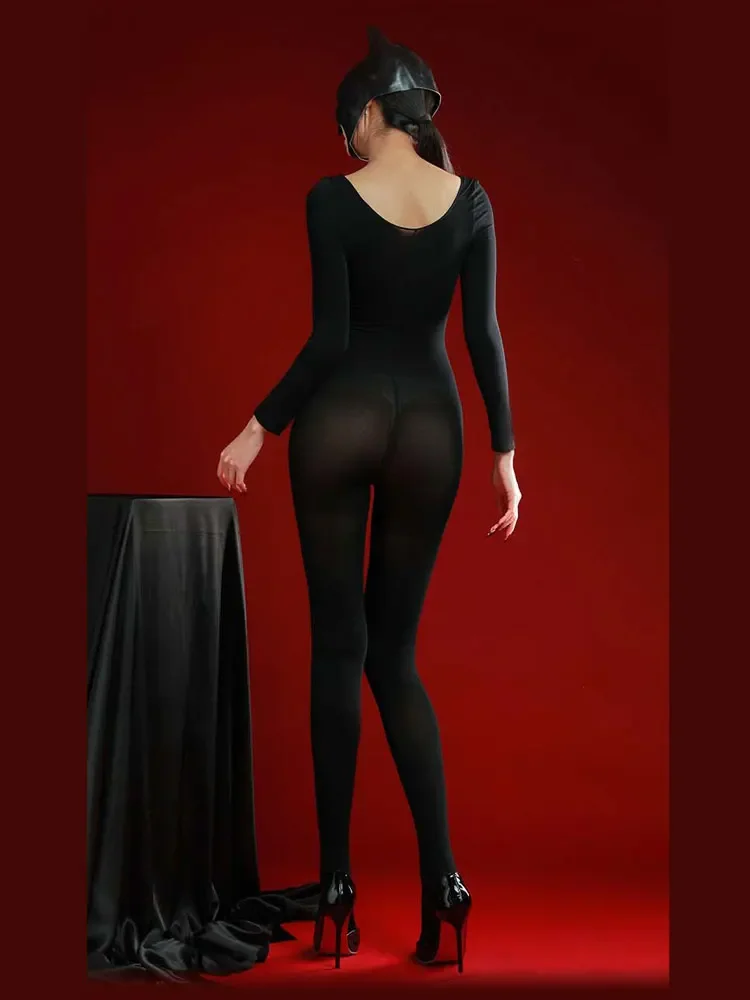 Sexy Women 120D Autumn Winter Warm Bodysuit Elastic Unitard Unisex Open Crotch Tights Velvet Shaping Jumpsuit Solid Maid Leotard