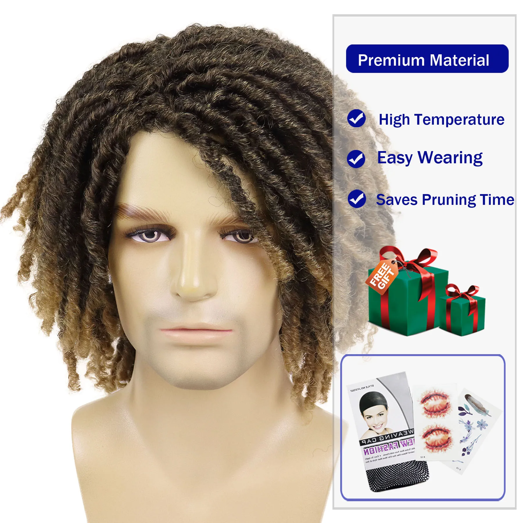Short Synthetic Wigs Men's Dreadlock 20 Inch Ombre Brown Twist Dreads Wig for Men Natural Look Heat Resistant Daily Cosplay Wear