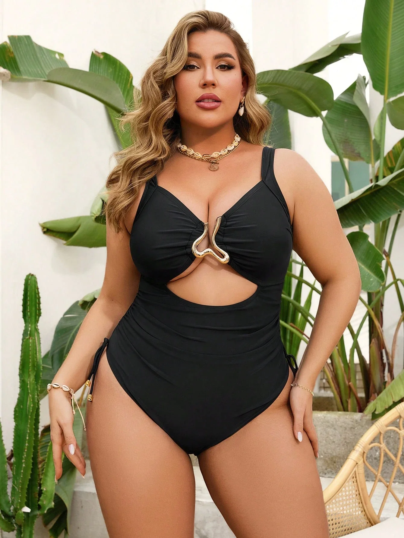 

Black Plus Size One Piece Swimsuit With Gold Accent Cutout And Side Ties For Summer