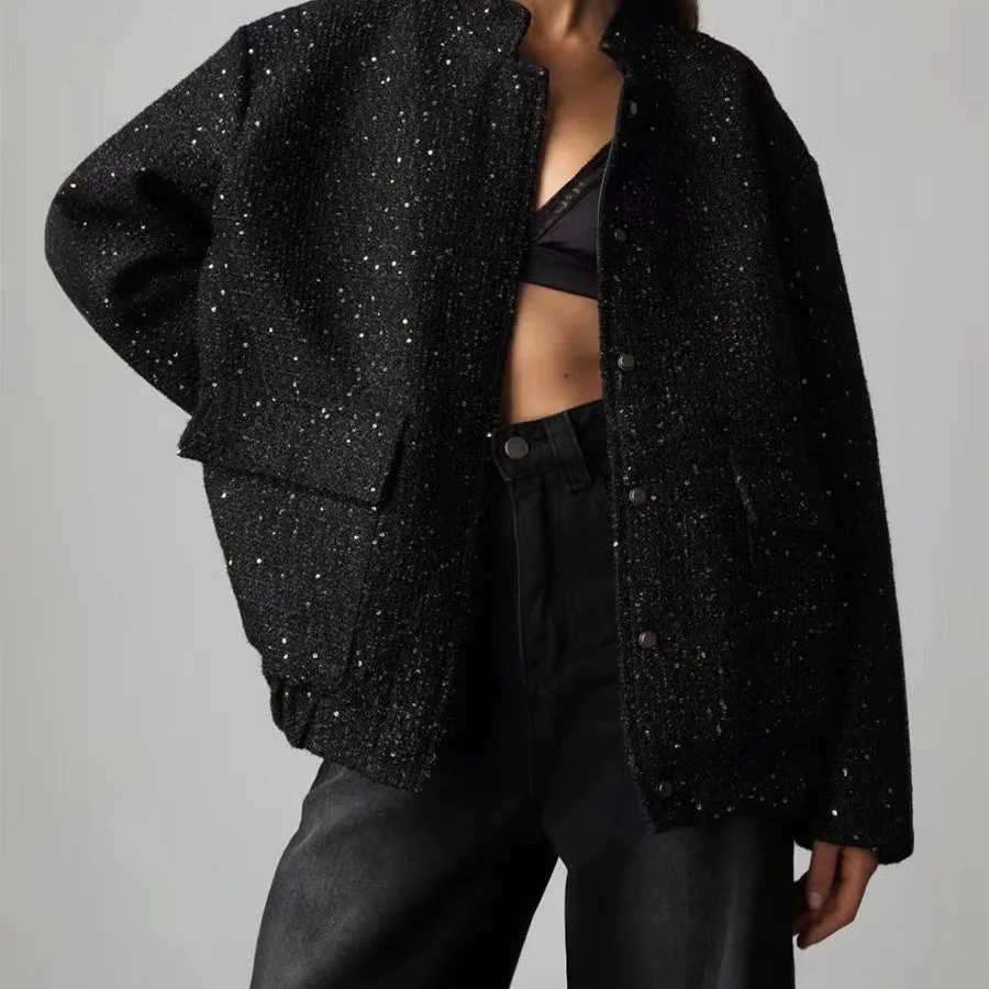 Chaqueta de lentejuelas para mujer, ideal para primavera y otoño, con cuello alto, mangas largas, estilo bomber, color negro, elegante, para la oficina, con botones, abrigo informal.