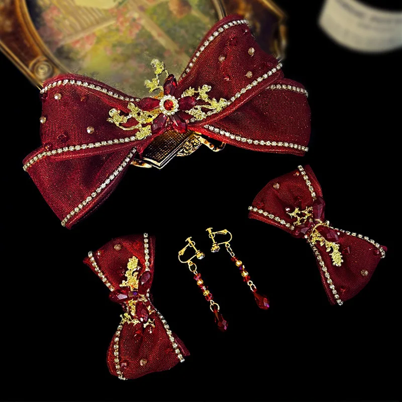 New Bridal Headwear Wine Red Flower Pair Earrings Set Water Diamond Tassel Hair Clip Toast Dress