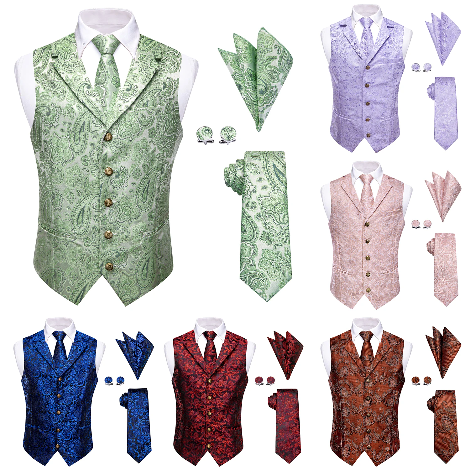 Paisley Lapel Mens Vest 4Pcs Matching Set, Waistcoat Necktie Pocket Square Cufflinks, Suit Decor for Prom Evening Events