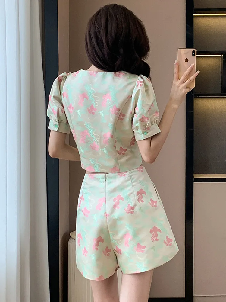 High Quality Small Fragrant Print Two Piece Set For Women Jacket Coat + Short Suits Fashion Casual Jacquard 2 Piece Pant Sets