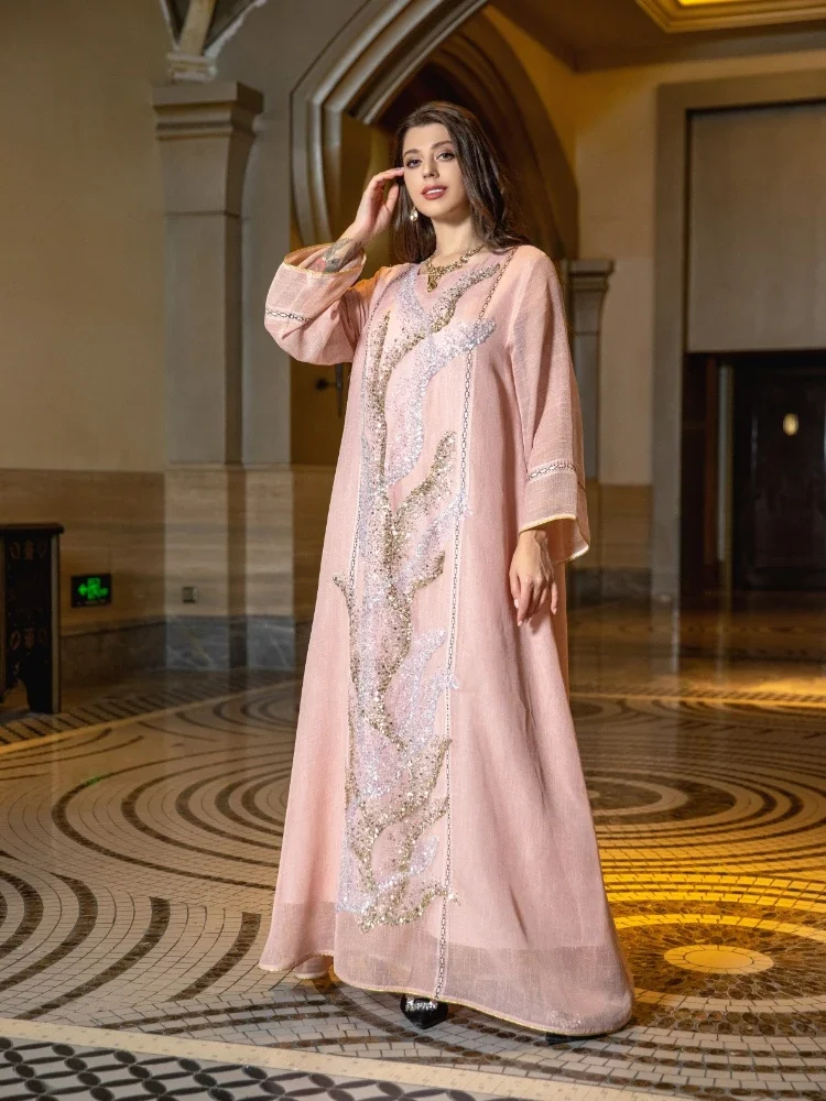 Eid Muslim Party Dress for Women Abaya Jalabiya Evening Long Dresses Sequins Morocco Abayas Kaftan Islam Vestidos Arab Long Robe