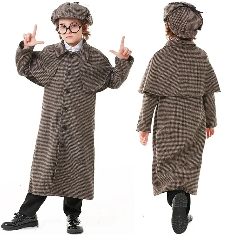 Detective Cosplay Costume Boy Girl British Style Checkered High Collar Coat for Men & Women Halloween Outfit Game Uniform