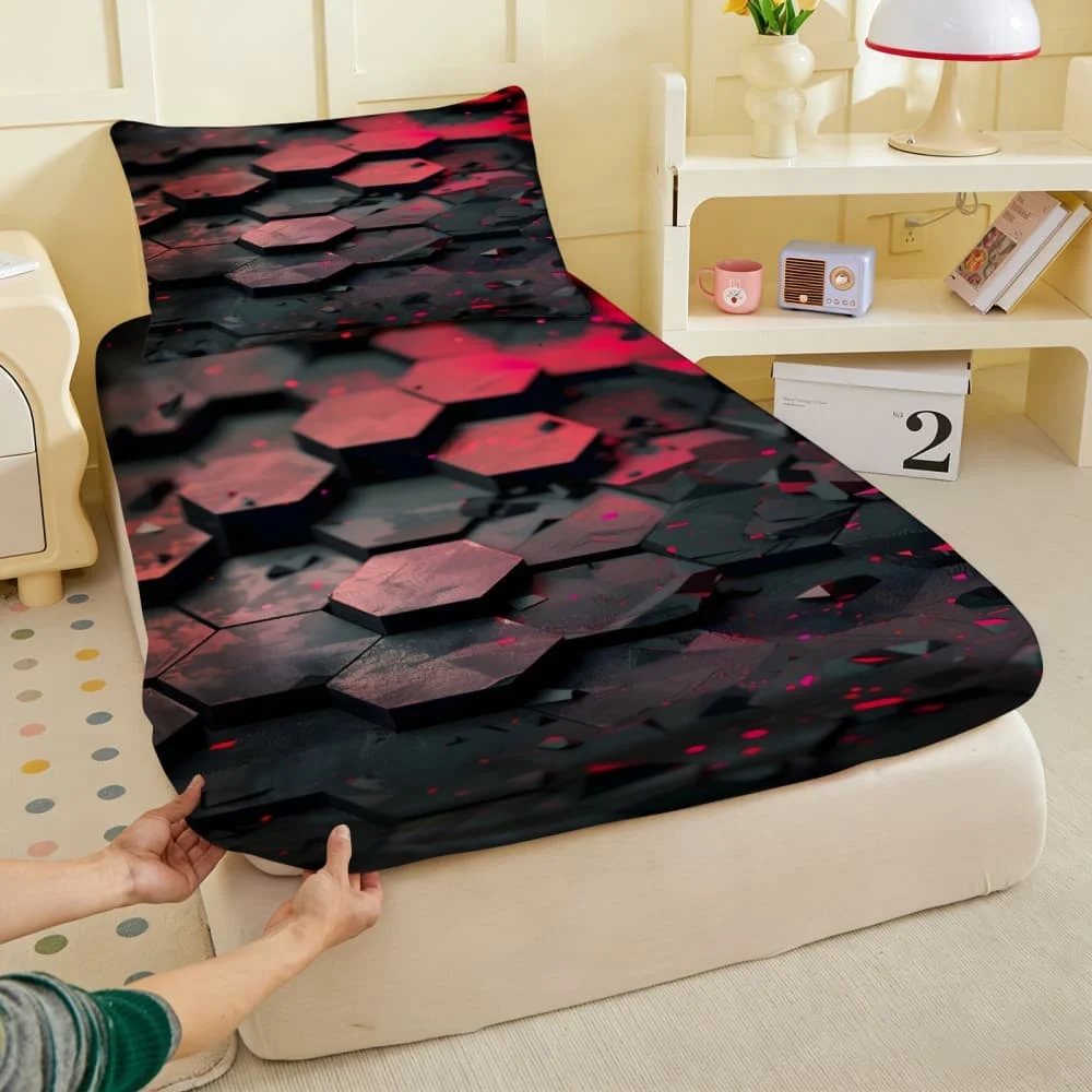 1pc Luxury 3D Red Hexagon Print Fitted Sheet Deep Pocket Elastic Mattress Cover Single Double Queen King Bedroom Decor