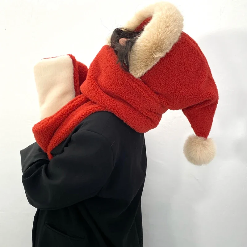 Sweet Red Winter Women Novelty Beanies Caps Rabbit Ear Hat Casual Plush Hat Scarf Set Caps Christmas Present Sombreros De Mujer