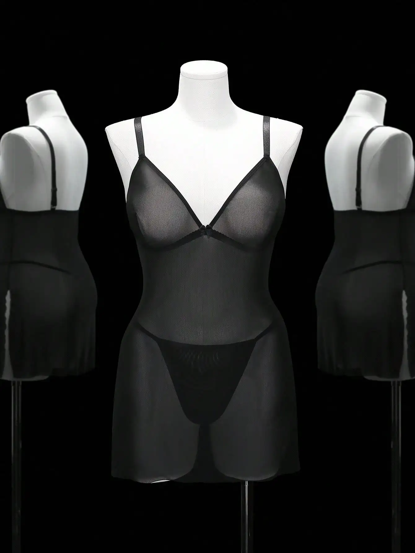 Black Sheer Mesh Lingerie Set with Thin Straps and Bow Detail