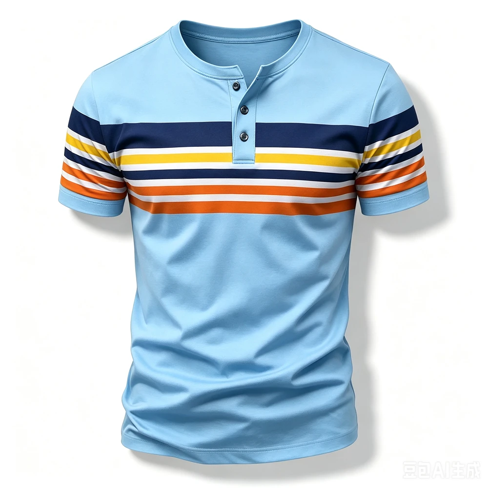 Fashion Henry Collar Short Sleeve Tees Casual Simple Men's Henry T shirt Funny Stripes Print Button Tops Summer Street Clothing