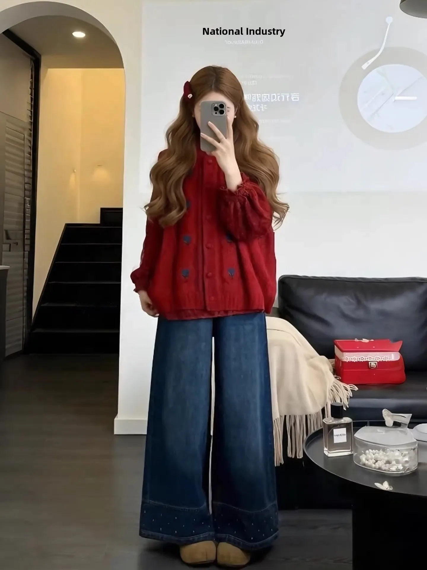 

Spring New Year Red Knitted Vest irt Jeans plus Size Women's Tee-Piece Set Casual Loose Fit High Waist Trousers