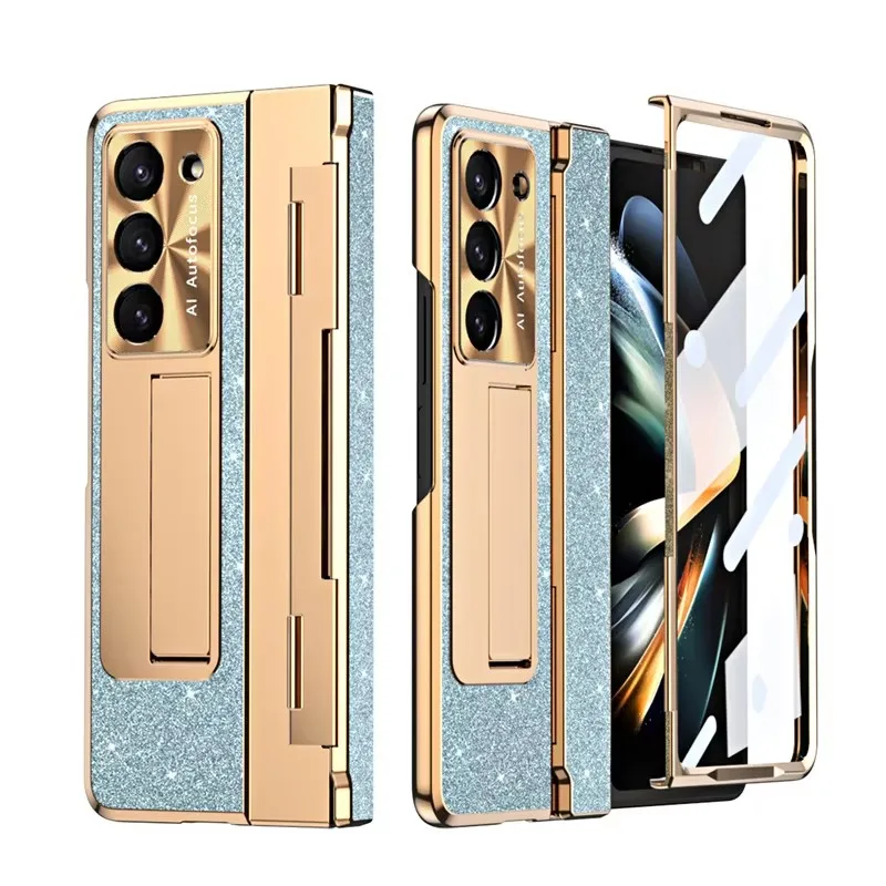 

Luxury Leather Sparkle Magnetic Plating Hinge Phone Case Screen Protector For Samsung Galaxy Z Fold 6 5 4 3 Hard Cover