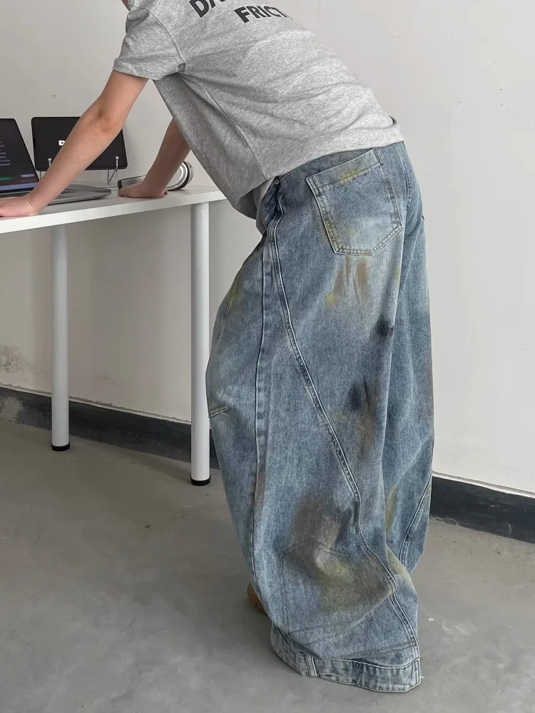 

American High Street fiti Wide Leg Jeans Trendy Brand Heavy Decosition Splicing Small Design Workwear Casual Pants