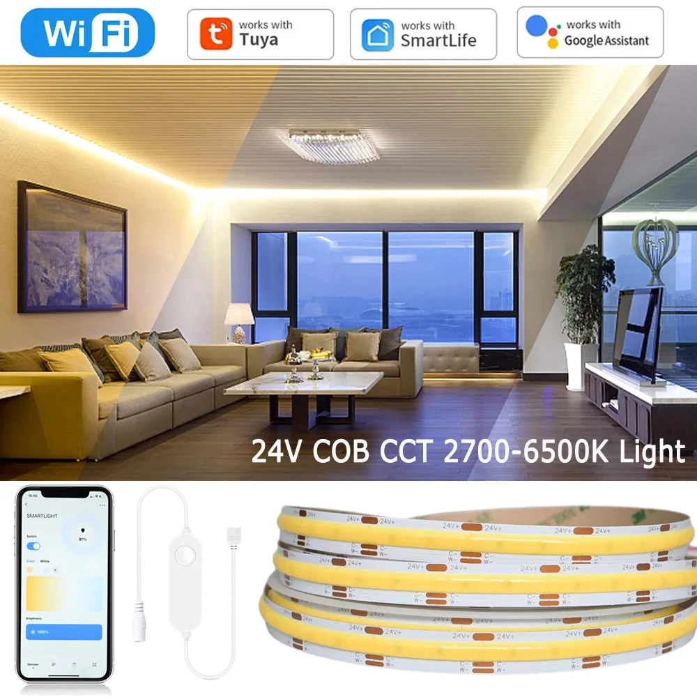 24V Tuya WiFi COB CCT LED-Streifen 1m 2m 3m 5m 10m Dimmbar Flexibel 2700-6500K Dual-Weiß Raumdekorationslicht für Alexa Google Home