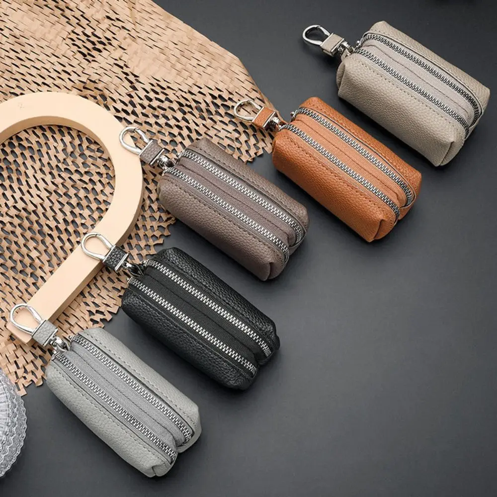 

Portable Single/Double Zipper Key Storage Bag Classic Simple PU Leather Wallet Solid Color Elegant Key Protect Cover Travel