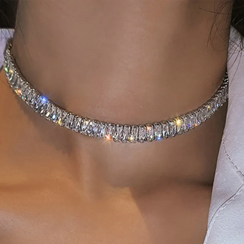 Stainless Steel Shiny Zircon Necklace for Women Simple Adjustable Rhinestones Collar Choker Necklace Fine Jewelry Gifts