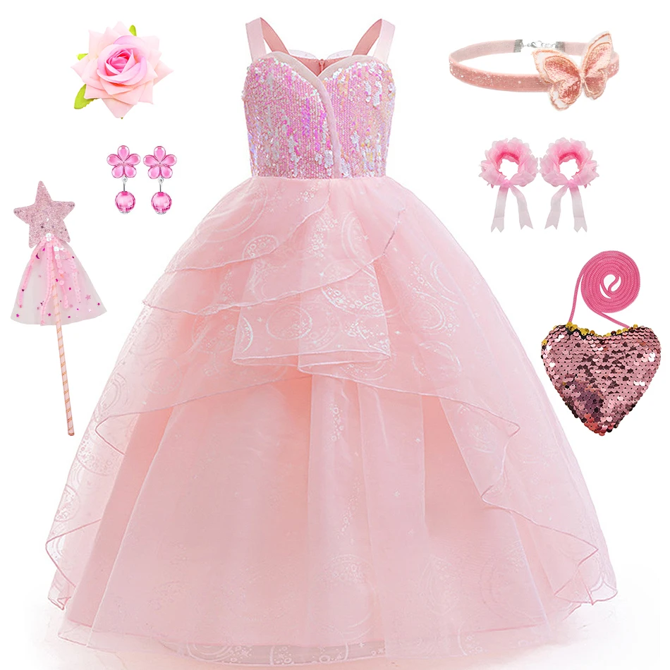 

Girls Pink Sequin Mesh Princess Dress Child Glinda Witch Cosplay Gown Kid Birthday Halloween Party Clothes Fantasy Shiny Costume