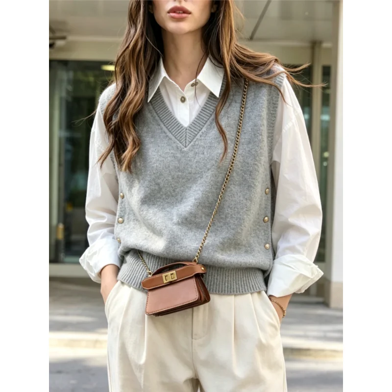 New Vintage Women V‑Neck Knit Vest Preppy Sleeveless Sweater Waistcoat Side Gold Buttons Loose Layering Pullover Fall Winter Top