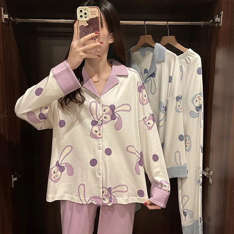 Disney Star Dailu autumn new pure cotton pajamas female cartoon cute girl style cardigan long sleeve trousers loungewear set