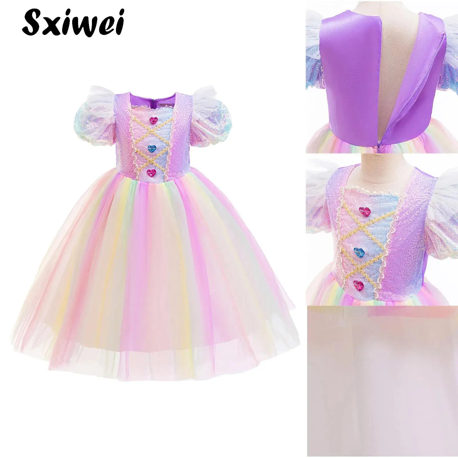 

Girls Rainbow Mesh Princess Birthday Party Dress Puffy Sleeve Sequin Gowns Rhinestone Ballet Tutu Dress Halloween Fairy Costume